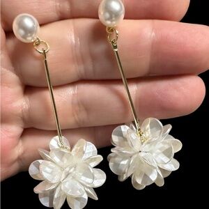 Designer Pearl Long Tassel Bar Dangle Earrings flower gold white 925 stamped